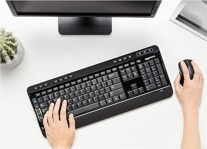 Amazon Basics Wireless Full Size Computer Keyboard and Mouse Combo, US Layout (QWERTY), Black